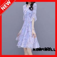 NEW MALL Fat MM Waist Creative Printing Lotus Leaf Sleeve V-Neck Dress Waist Large Size Irregular Summer A-Line Skirt Women