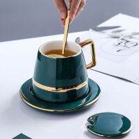 Gold Trim Green Porcelain Coffee Cups with Saucer Lid Mixing Spoon for Drinks Latte Cafe Mocha Cappuccino and Tea - 450ml