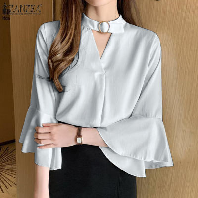 (จัดส่งฟรี)Fancystyle ZANZEA เสื้อผ้าไหมซาตินคอวีลำลองธุรกิจสำหรับผู้หญิงสไตล์เกาหลีเสื้อสำนักงานแขนบาน #11