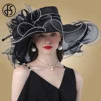 Organza Dual Purpose Detachable Flower Large Wide Brim Fedora Sun Hat Fascinator Vintage Ladies Tea Party Wedding Fashion Hat For Women