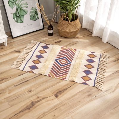 Retro Bohemian Hand Woven Cotton Linen Carpet Morocco Printed Area Rugs Tufted Tassels with Anti Skid Pad Throw Rug Bath Doormat