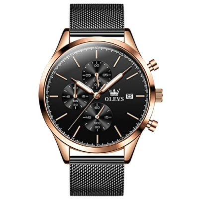 OLEVS Mens Watch Fashion Minimalist Chronograph Quartz Analog Mesh Stainless Steel Waterproof Luminous Watches for Men with Auto Date rose gold case