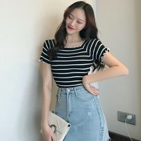 Korean Women Wooden Ear Stripes Off Shoulder Collar Knitted Crop Top