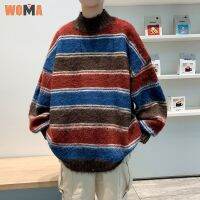 WOMA เสื้อสเวตเตอร์ถักสำหรับทั้งหญิงและชายลายทางแบบง่ายญี่ปุ่น