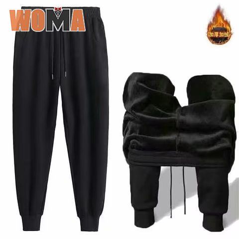 woma-กางเกง-ผู้ชาย-กางเกงเลกกิ้งผ้ากำมะหยี่หนาถึงข้อเท้ากางเกงสแล็คเอวยืดสีดำสำหรับผู้ชาย