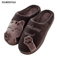 Men Winter Home Slippers Cartoon Cat Slippers Anti Slip Soft Warm Plush Indoor House Slippers Women Bedroom Couples Floor Shoes