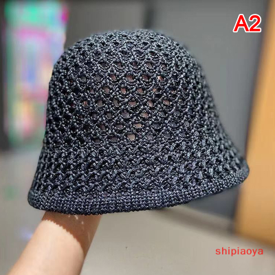 Shipiaoya เสื้อฟลอปปี้ผ้าโครเชต์ถักมือสำหรับฤดูร้อนหมวก Topi Bucket โดมพับได้กลวงออกสีทึบหมวกชายหาดเรียบง่ายหมวกสตรีนุ่ม