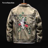 Chinese style Men vintage crane embroidered Cotton Denim Jackets male Streetwear Casual Slim Hip Hop Jeans Jacket Coat 5XL 6XL