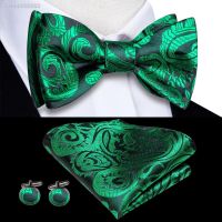 ✖ Hi-Tie Gold Green Silk Mens Self Bow Tie Hanky Cufflinks Set Male Jacquard Floral Paisley Butterfly Knot Bowtie Wedding Business