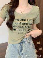 ☫☑☑ Summer white and green short-sleeved niche printed thread inner pure desire ins low round neck clavicle T-shirt womens top trendy