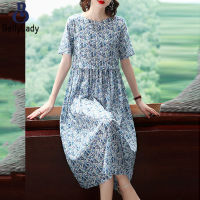 Fashion Floral Printing Dress For Women Casual Large Size Loose A-line Skirt Round Neck Pullover Midi Skirt【fast】