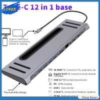 LONGB 12 in 1 อะแดปเตอร์ แจ็ค3.5มม Pd ชาร์จ USB 3.0 4K HDMI คู่ กิกะบิตอีเธอร์เน็ต ฮับ USB Type-C แท่นวาง