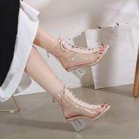 Autumn New Womens Sandals Fashion Fish Mouth Transparent Film Lace-up Zipper Mid-heel sandals square heel shoes