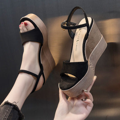 Genuine Leather Suede Wedge Sandals for Women Waterproof Platform High Heels Socialite Fairy Style Platform Shoes