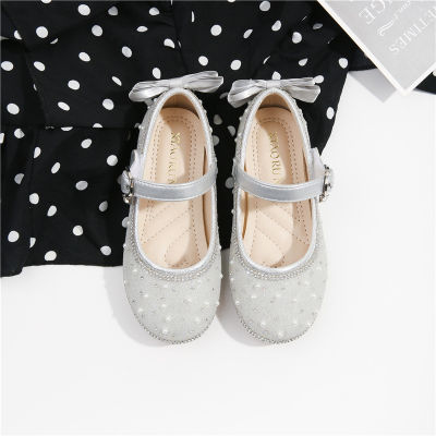 Girls Shoes Princess Pink Beads Silver Leather Shoes Fall 2021 Children Play On New Pearl Crystal Shoe Girl Flat Shoes
