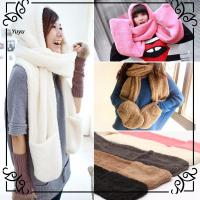 YUYU Cute Warm Long Pocket Gloves Hats Hooded Scarf Plush Velvet 3 In 1