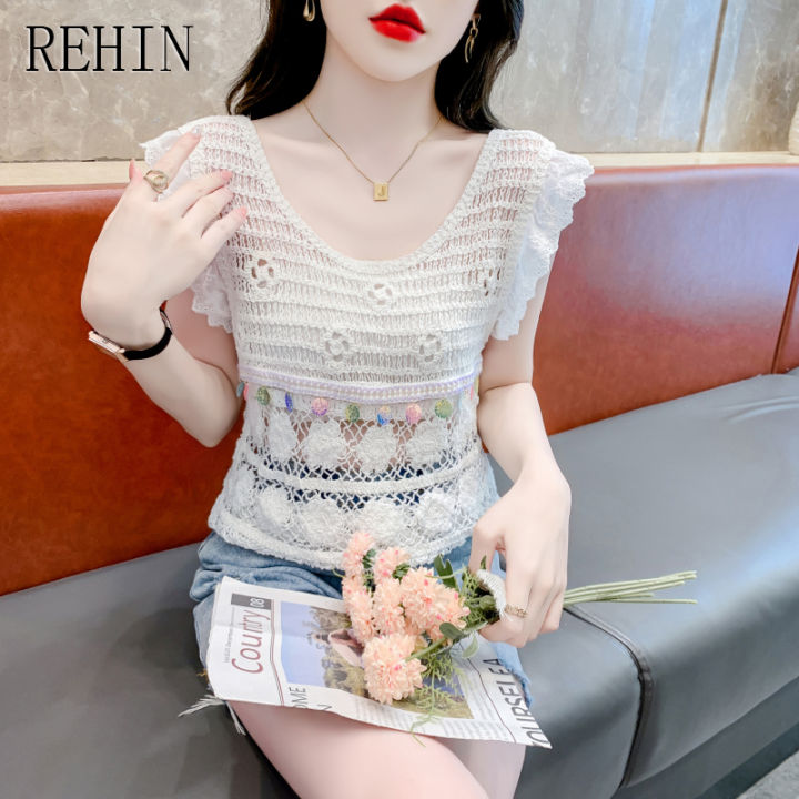 rehin-เสื้อคอกลมถักแขนกุดผู้หญิงการออกแบบที่ไม่เหมือนใครเสื้อบังทรงโครเชต์เสื้อฤดูร้อนสั้น