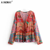 Vintage Chic Women Floral Printed Bohemian Lace-up Blouse Shirts Ladies V-neck Long Sleeve Loose Tops Boho Shirt