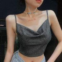 Hot sell 2022 Fashion Women Summer Shiny Spaghetti Crop Top Black Straps Low Cut V-Neck Form-Fitting Tank Top for Girls