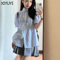 XIYUYI เสื้อแขนสั้นหญิงคอโปโลเสื้อสีฟ้าหวาน