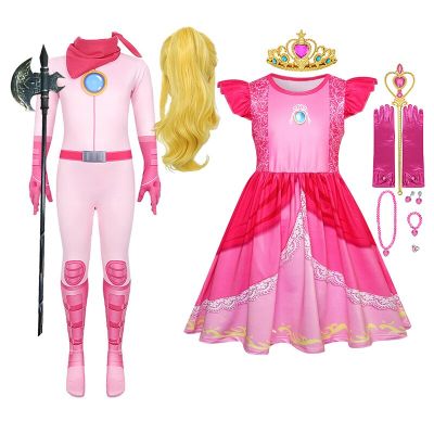 New Halloween Kids Peach Princess Costume Pink Peach Girl Dresses One-piece Jumpsuit Tights Children Cosplay Battle Suit 3-10T