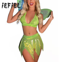 airy Role Play Costume Halloween Cosplay Sets Hater Backless Crop Top Jagged Mini Skirt Wings for Carnival Themed Party