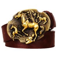 Golden Galloping Horse Leather Belt Wild Horse Run Mustangs Americans West Cowboy Style Waistband Belts