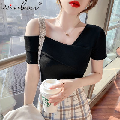Summer Korean Style Cotton T-Shirt Girl Fashion Sexy Skew Shiny Diamond Chain Collar Women Tops Short Sleeve Tees 2021 T12812A