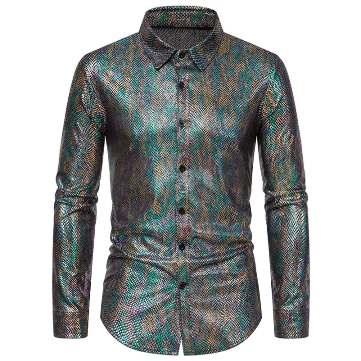 Mens Shiny Metallic Snakeskin Shirt 2022 y New 70s Disco Party Shirts