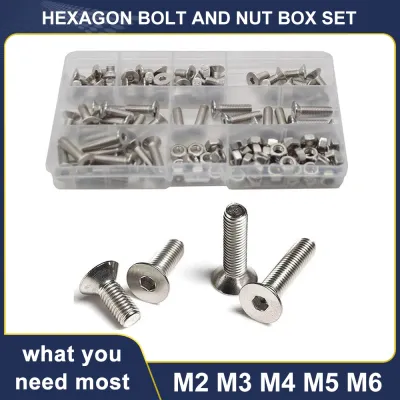 M2 M3 M4 M5 M6 Hex Socket Bolt and Nut Box Set 304 Stainless Steel Flat Head Countersunk Hexagon Machine Screw Assortment Kit