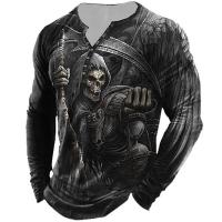 Vintage Mens Cotton Skull T-shirts 3D Print Skull Long Sleeve T Shirt For Men Horror Clothing Oversized Tee Top Punk Streetwear