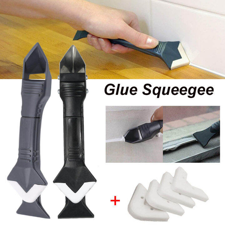 ชุดเครื่องมือกาว3-in-1-เครื่องขูดมุมกระจกพร้อมแผ่นซิลิโคน5แผ่นกำจัดรอยสำหรับห้องครัวห้องน้ำ