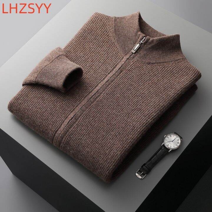 lhzsyy-คาร์ดิแกนผ้าแคชเมียร์ถักชายวัยกลางคน-เสื้อโค้ทมีซิปคอปก100-ขนสัตว์แท้ฤดูใบไม้ร่วงฤดูหนาวหนาเสื้อกันหนาวสำหรับผู้ชาย