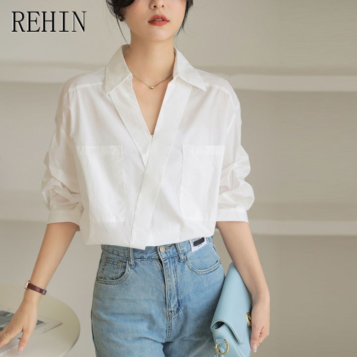 rehin-เสื้อเชิ้ตแขนสั้นสีขาวสำหรับผู้หญิง-เสื้อเชิ้ตแขนสั้นคอวีระดับไฮเอนด์