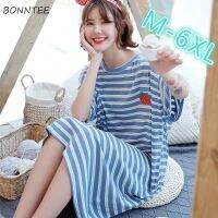 【 WYIN kitchen】 Nightgowns Women Striped Plus Size 6XL Loose Korean Leisure Oversize Womens Homewear Sleepshirts Sleep-wear Breathable Cotton