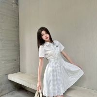 [FREE SHIPPING]MIU Academy Style Vertical Stripe Letter Lapel Shirt Pleated Short Skirt