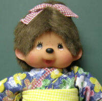 มอนชิชิ (Monchhichi) ชุดกิโมโนสีฟ้าลายดอกไม้ ขนาด 8 นิ้ว งาน vintage