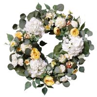 Artificial Hydrangea Wreath with Green Eucalyptus Leaves,Fake Flower Wreath for Front Door Wall Farmhouse Decor