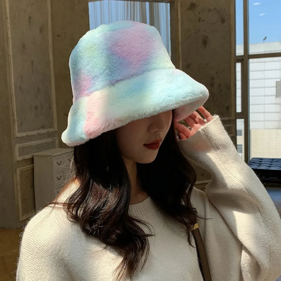 Cute Girly Rainbow Color Plush Fisherman Hat Winter Korean Fashion  All-match Warmth Basin Hat Tide Modern Retro