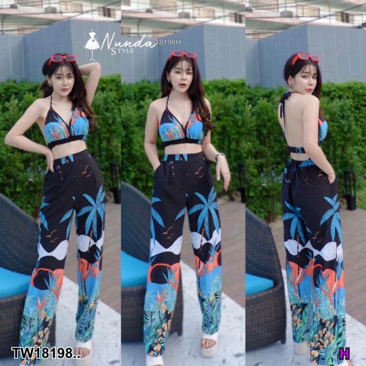 tw18198-set-2-ชิ้น-เสื้อสายผูกไหล่-พิมพ์ลาย-กางเกงขายาว