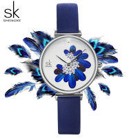 Shengke Women Watches Top Brand Luxury Leather Strap Wristwatch for Women Blue Feather Clock Stylish Quartz Ladies Watch