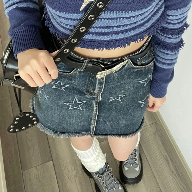 y2k Retro American Star Embroidered Denim Skirt for women Korean