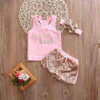 Pudcoco Newborn Baby Girls Clothes Sleeveless Letter Pink Vest Tops Sequins Shorts Headband 3PCS Set 0-24M  by Hs2023