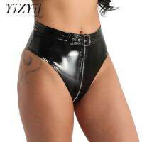 Black Women Panties Lingerie Wet Look High Cut Front Zippered with Belt Briefs Underwear Female Nightclub Rave Party Sexy Shorts