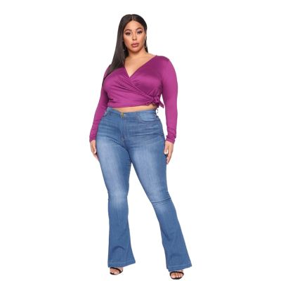 Plus Size Women Bell Bottomed Jeans High Waist Ladies Denim Pants Fashion Zipper Fly Solid Large Size Female Flared Trousers New