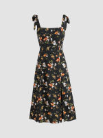 Cider Floral Bowknot Slit Midi Dress เดรสสายเดี่ยวผู้หญิง ลายดอกไม้ เดรสแฟชั่นผญ ลุคสาวหวาน