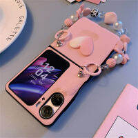 HTT ลายทางมีโบว์สร้อยข้อมือลูกปัดไล่ระดับสี3D เกาหลีน่ารักฝามีขาตั้งเคสสีชมพูขาตั้งสำหรับ OPPO ค้นหา N2พลิกได้ N3