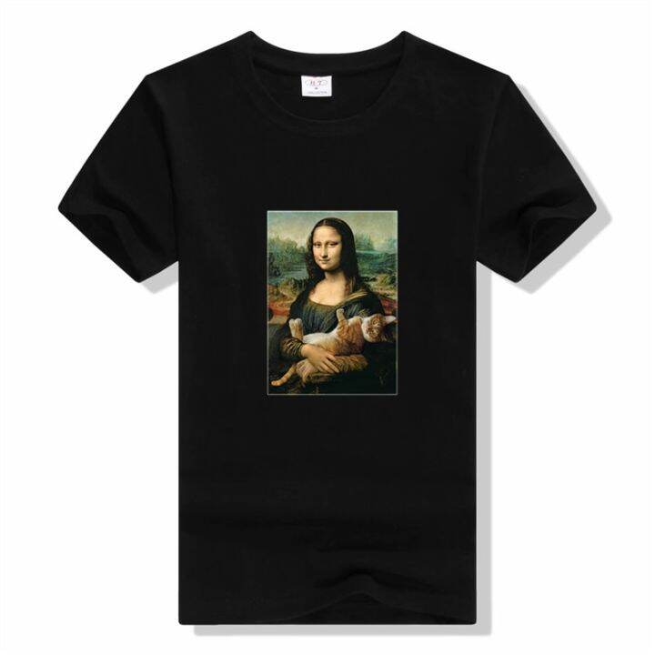 funny-mona-lisa-hugging-cat-lovely-printed-tshirt-for-gothic-tshirt-cute-kawaii-tee-shirts-gildan-spot-100-cotton