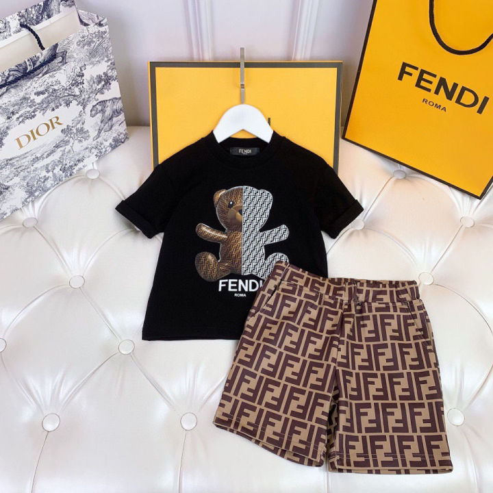 fendi-unisex-kids-summer-outfit-boys-girls-tracksuit-cotton-t-shirt-and-shorts-two-piece-black-white-color
