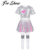 ⊙✒ Kids Girls Cheerleading Modern Hip Hop Jazz Dance Costume Sequin Shiny Short Sleeves Crop Top and Skirt Striped Socks Outfits